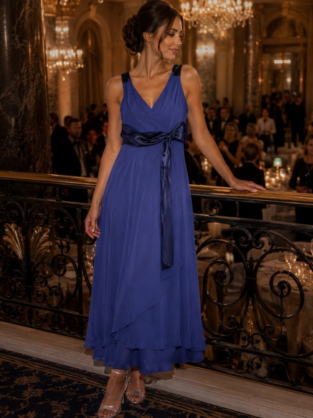 Evan Picone Royal Blue V-Neck Maxi Dress with Satin Waist Tie